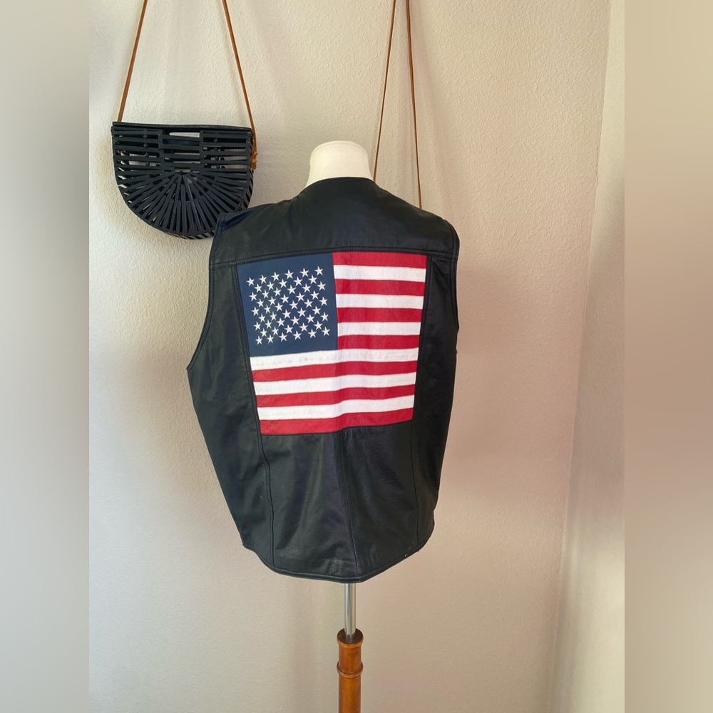 USA Extreme Biker American Flag Leather Lined Biker Vest, Size XL